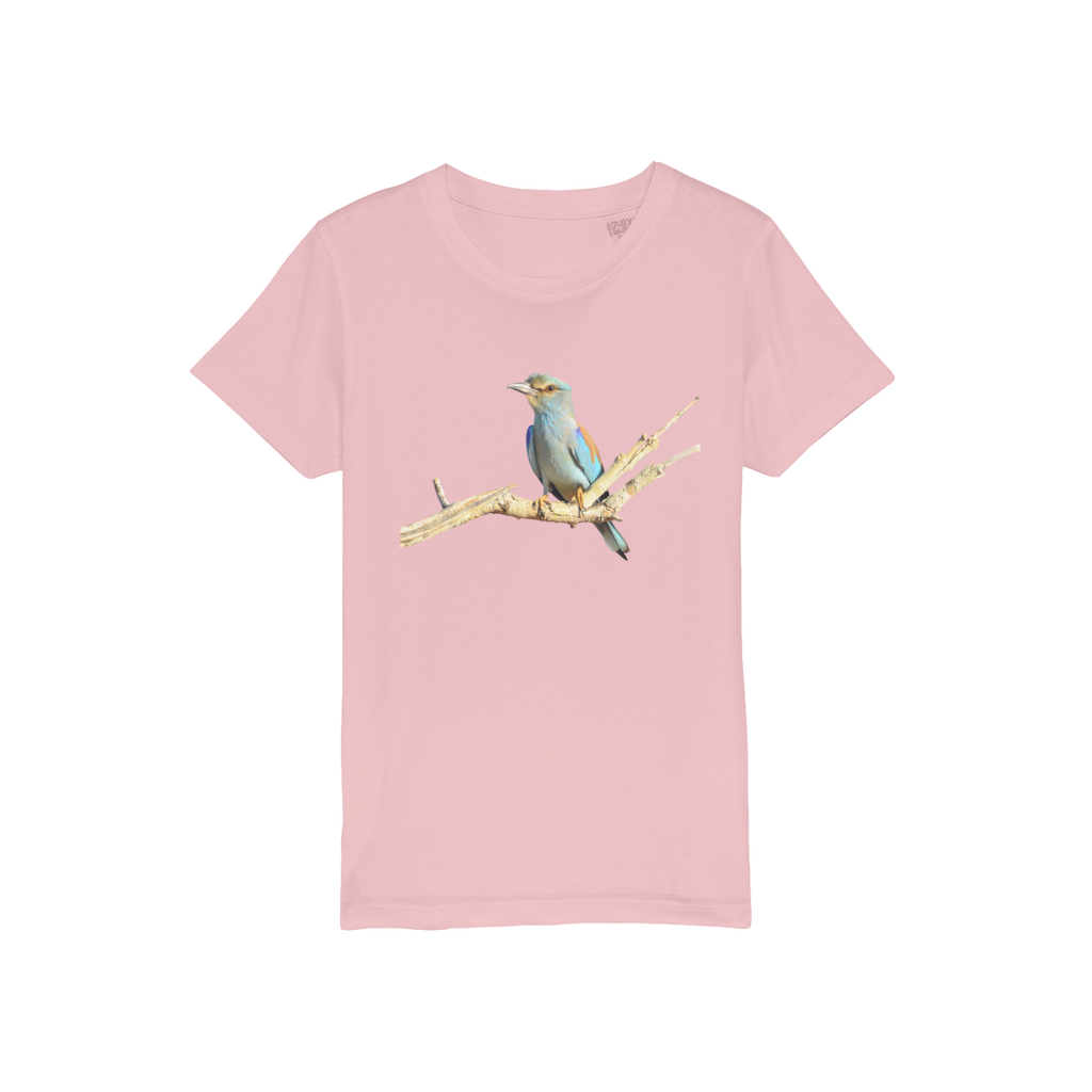 a baby pink tee for girls and boys with a roller bird t-shirt