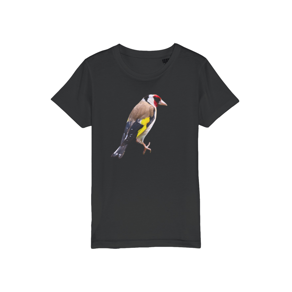 A black t-shirt for kids with a goldfinch garden bird on front