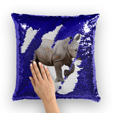 Load image into Gallery viewer, Purple sequinned cushion that has a hidden large print rhino calf when swiped
