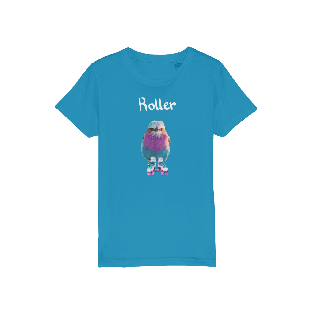 Roller Bird t-shirt. A lilac breasted roller with roller skates on a blue tee for kids. 