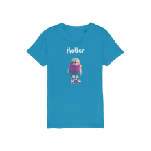 Load image into Gallery viewer, Roller Bird t-shirt. A lilac breasted roller with roller skates on a blue tee for kids. 
