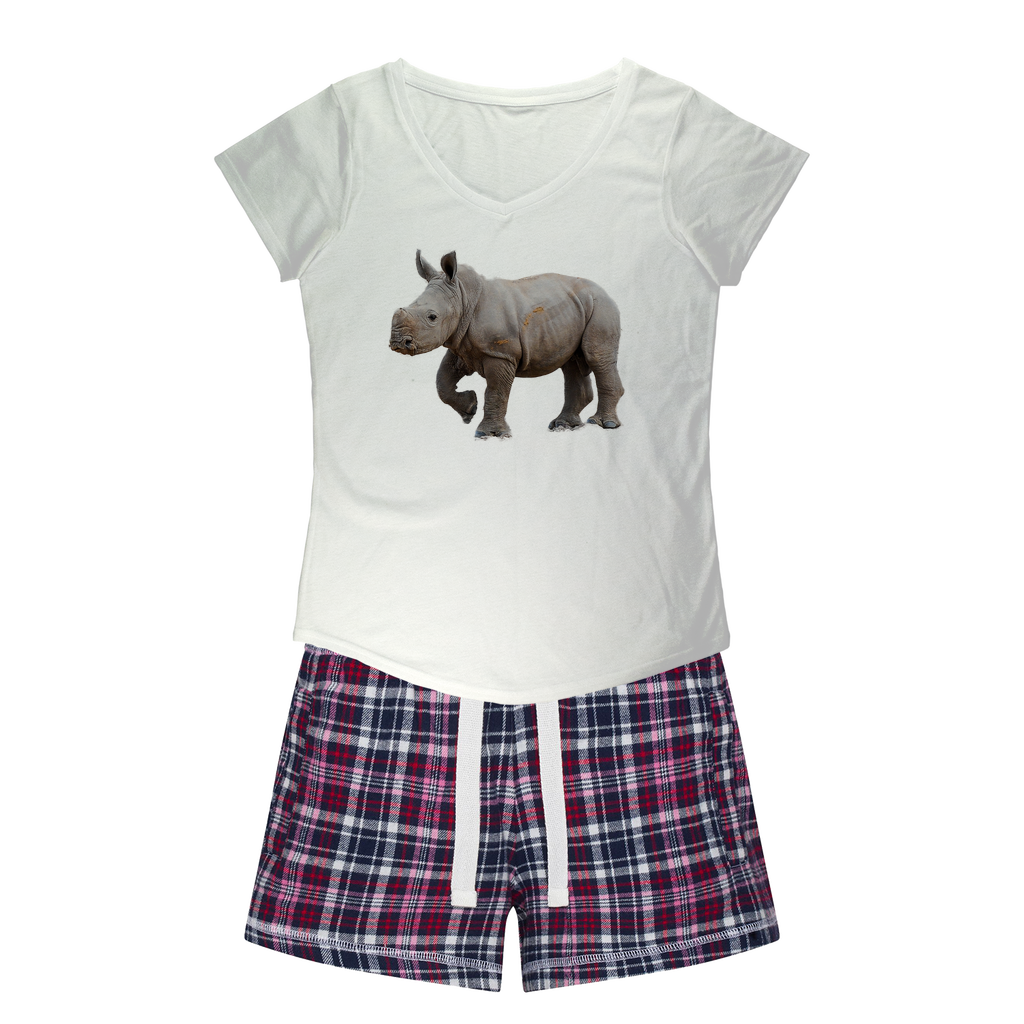 Baby Rhino Printed on white T-shirt. Matching flannel shorts with white navy & pink colours. 