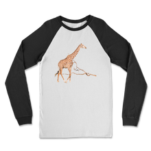 Load image into Gallery viewer, A giraffe print on a white shirt with black long sleeves
