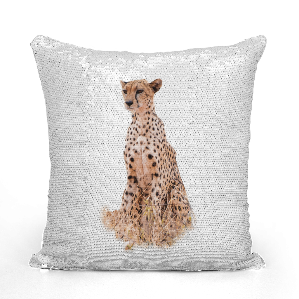 White sequinned cushion that has a hidden large print cheetah when swiped