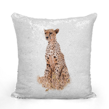Load image into Gallery viewer, White sequinned cushion that has a hidden large print cheetah when swiped
