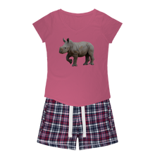 Load image into Gallery viewer, Baby Rhino Printed on hot pink T-shirt. Matching flannel shorts with white navy &amp; pink colours. 
