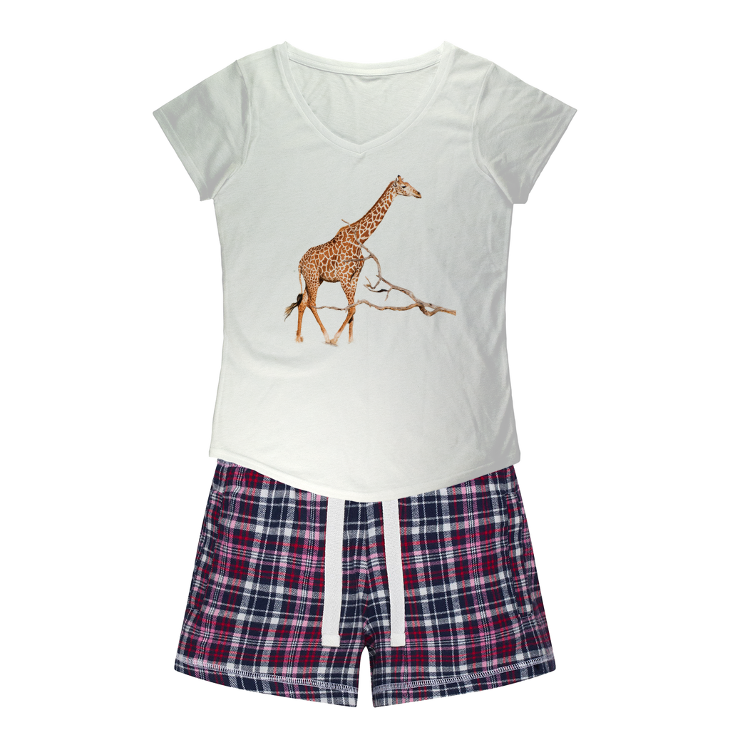 Ladies PJs: Giraffe on a white shirt. Matching flannel shorts with white navy&pink colours