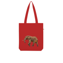 Load image into Gallery viewer, Red organic cotton tote bag with a large photographic print of an elephant
