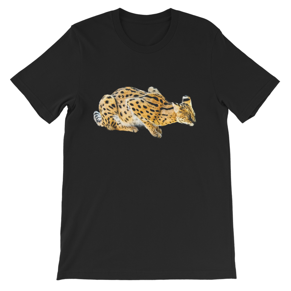 kids black round neck t-shirt with crouching african serval cat