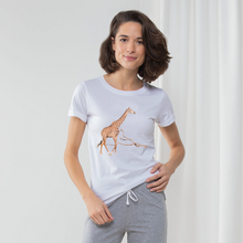 Load image into Gallery viewer, Ladies pyjama set with african giraffe on the front of a white t-shirt and grey long pants
