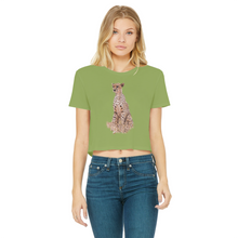 Load image into Gallery viewer, A woman wearing a green t-shirt that is cropped and has a round neck and a cheetah on the front
