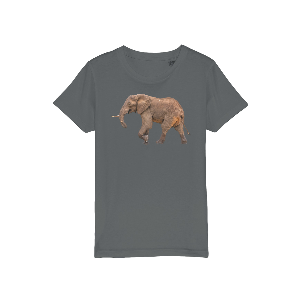 A grey t-shirt with a round neck and a smiling elephant for kids