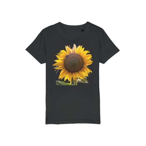 a black tee for kids with a large yellow sunflower print. 