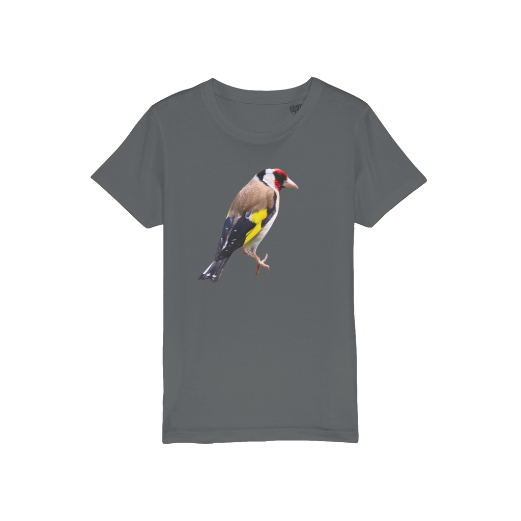 a dark grey shirt for kids with a goldfinch bird on the front