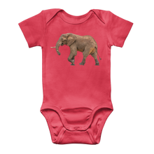 Load image into Gallery viewer, A red baby onesie with a side profile african elephant on front
