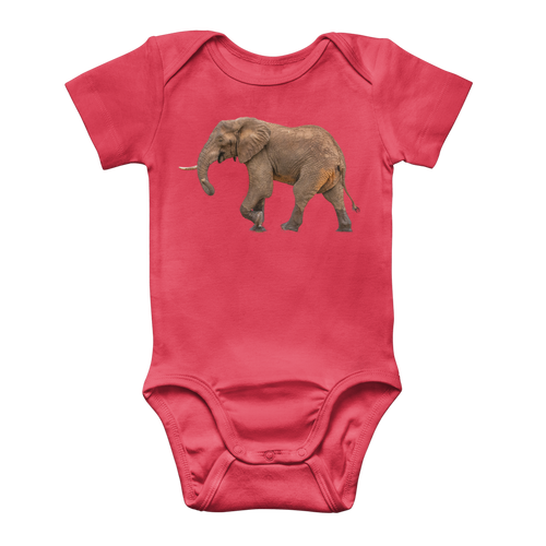 A red baby onesie with a side profile african elephant on front