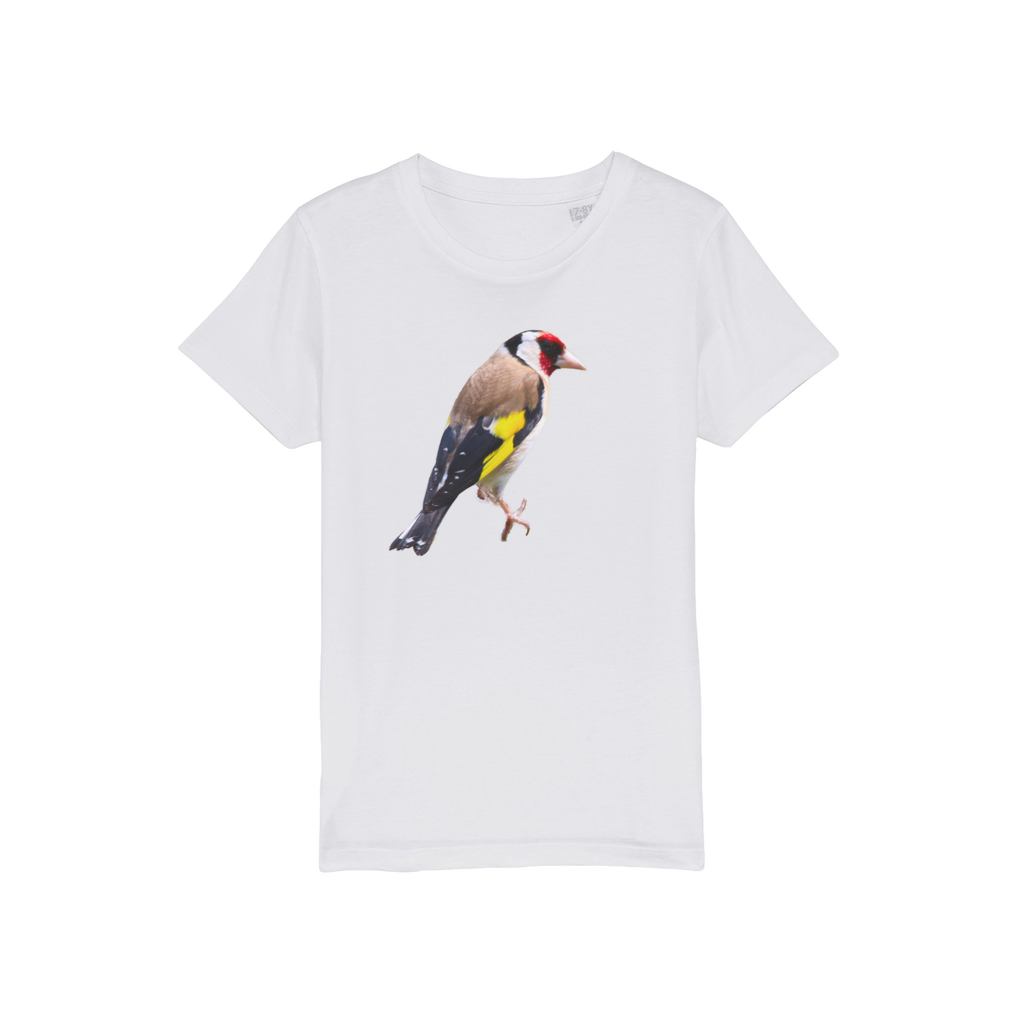 A white t-shirt with a round neck and a goldfinch print.