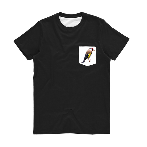 Black T-shirt with a white pocket & a goldfinch printed on the pocket