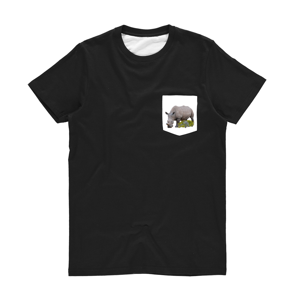 Black T-shirt with a white pocket & an african rhino printed on the pocket