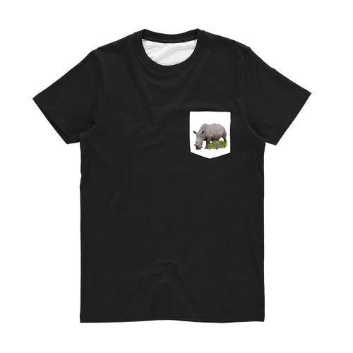 Black T-shirt with a white pocket & an african rhino printed on the pocket