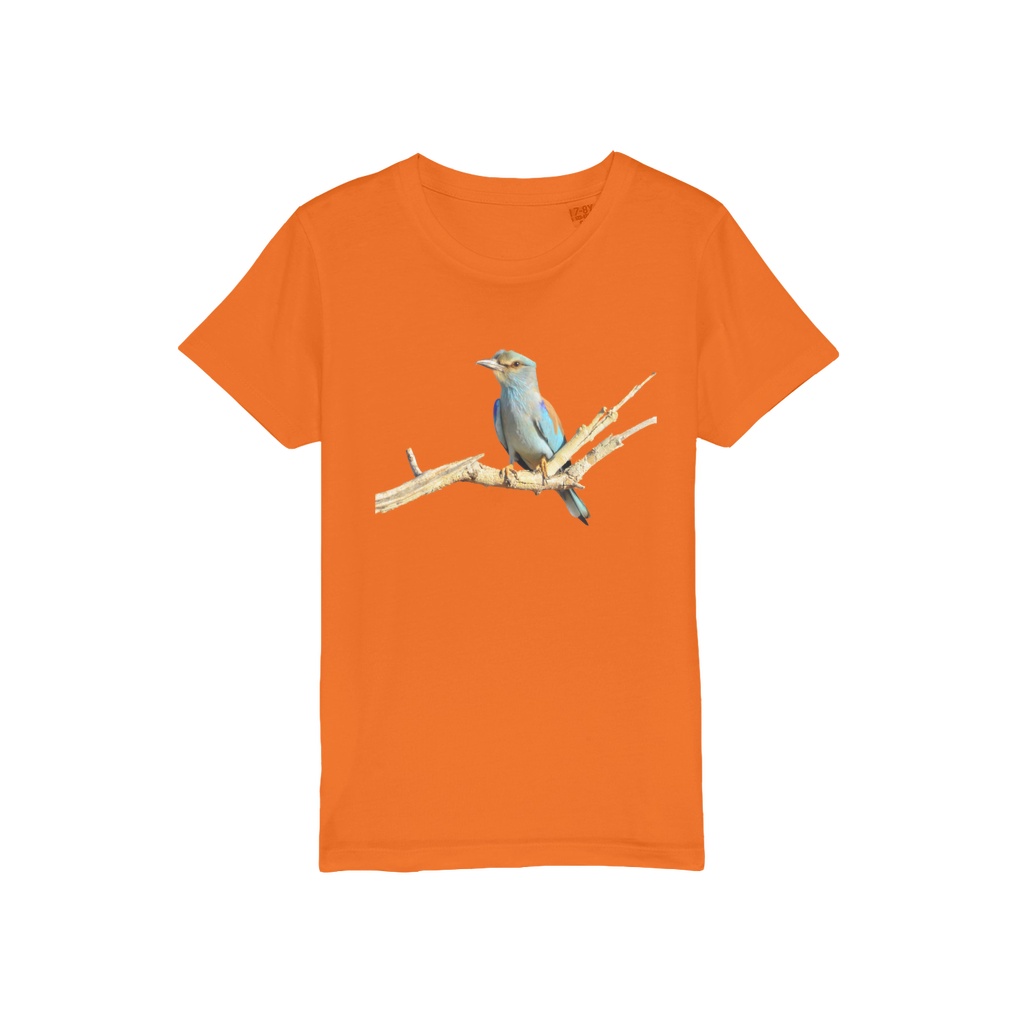 a bright orange tee for kids with a roller bird