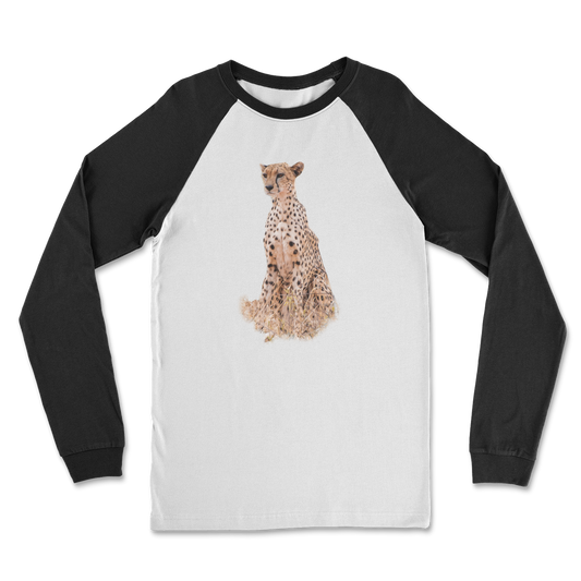 A cheetah on a white shirt with black long sleeves