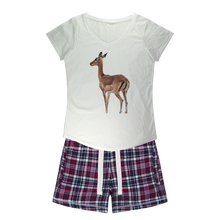 Load image into Gallery viewer, African Impala on white shirt with matching flannel shorts in navy, white and pink.
