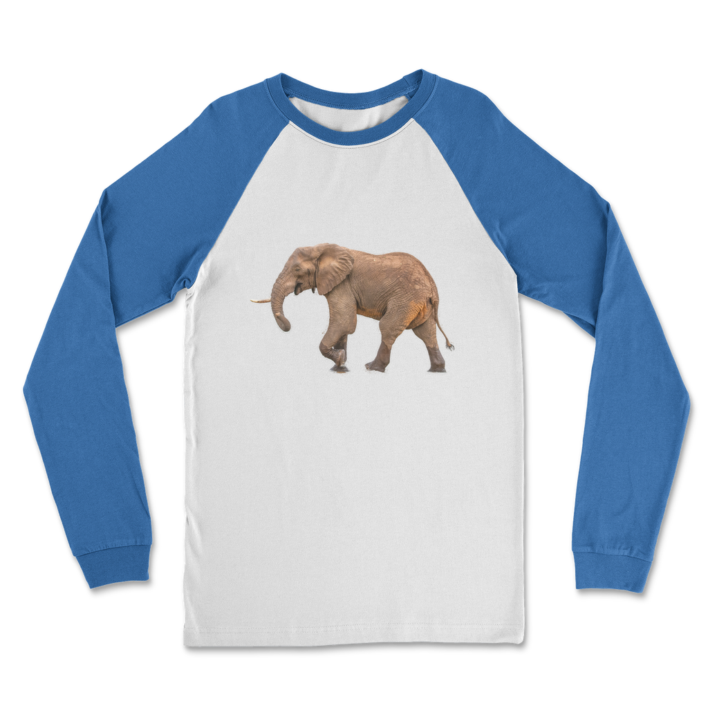 White long sleeve shirt with blue sleeves and a photographic print of an elephant on the front. 