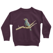 Load image into Gallery viewer, Eurasian Roller Bird on a kids sweatshirt in burgundy
