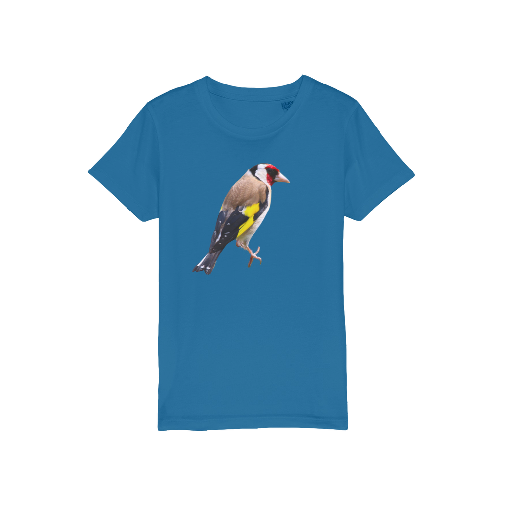 A goldfinch print on a blue kids t-shirt.