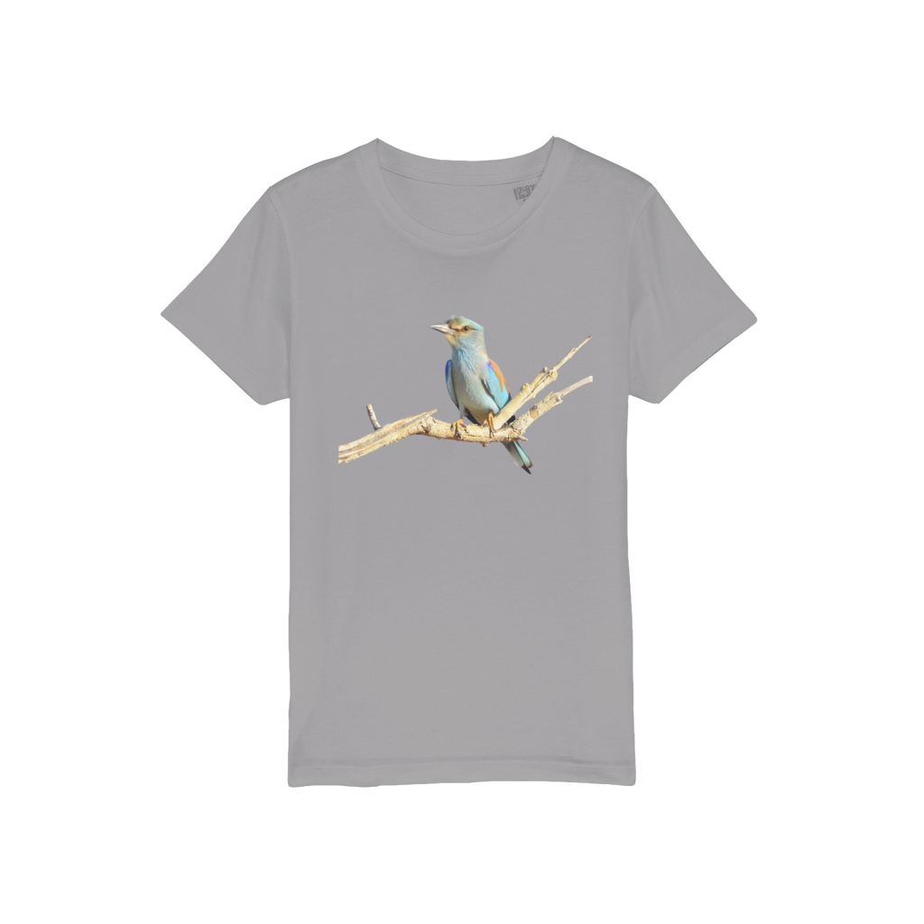 a grey shirt for boys and girls that love birdwatching. A roller bird is printed on the front. 