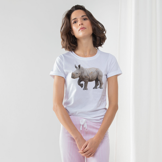 Ladies pyjama set with african rhino on the front of a white t-shirt and pink bottoms