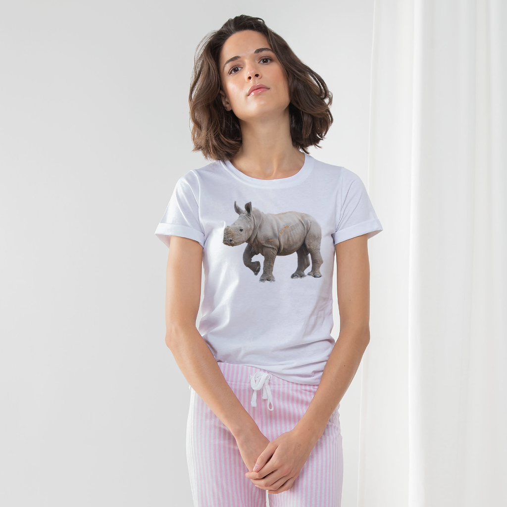 Ladies pyjama set with african rhino on the front of a white t-shirt and pink bottoms