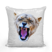 Load image into Gallery viewer, White sequinned cushion that has a hidden large print yawning lion when swiped
