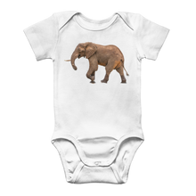Load image into Gallery viewer, A white baby onesie with a side profile african elephant on front
