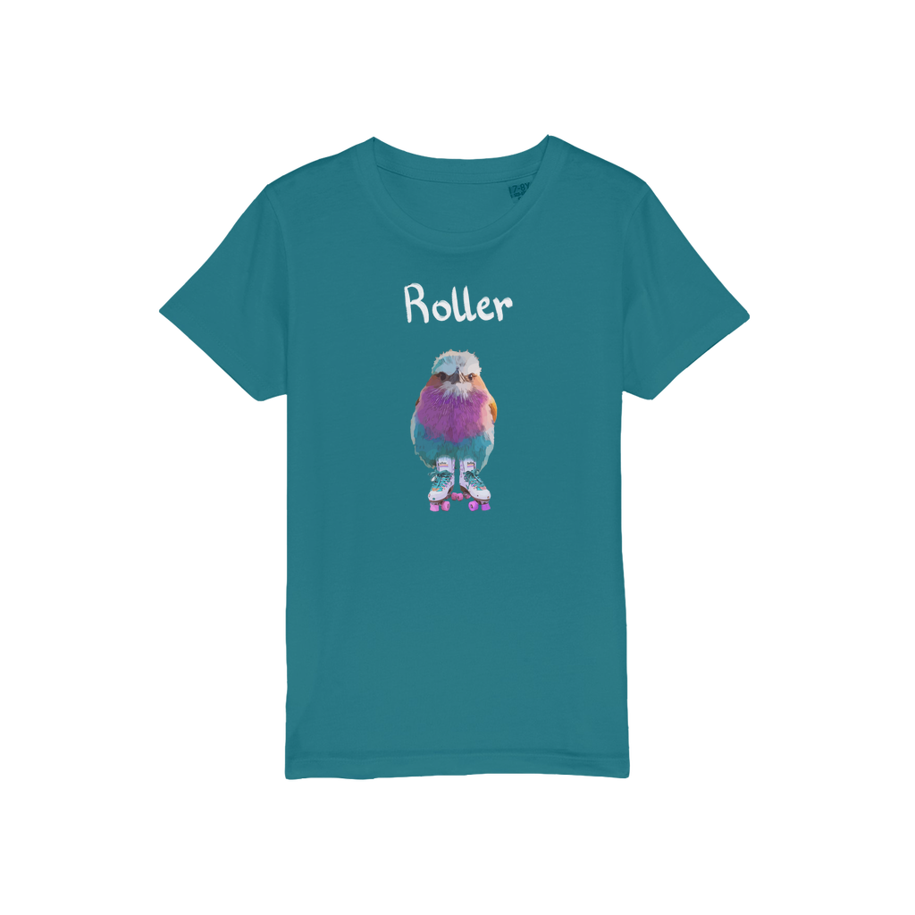 African bird t-shirt for kids in turquoise featuring a cool roller bird wearing roller skates. 