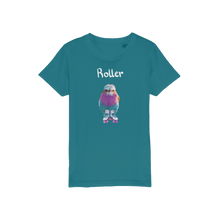 Load image into Gallery viewer, African bird t-shirt for kids in turquoise featuring a cool roller bird wearing roller skates. 
