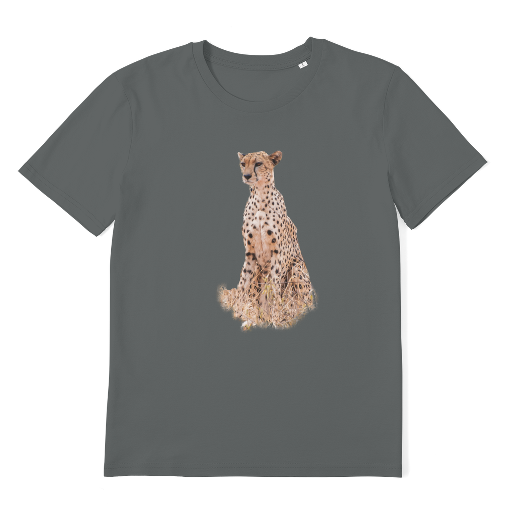 organic cotton grey t-shirt for men and women with a cheetah