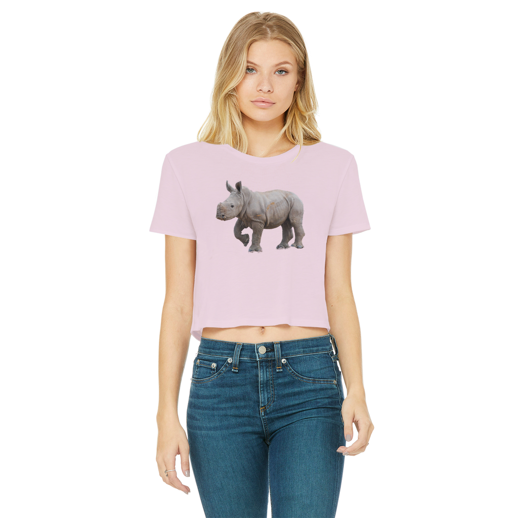 a light pink cropped tee with a round neck and rhino print on the chest