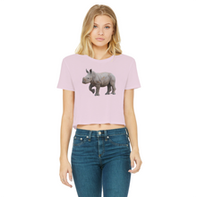 Load image into Gallery viewer, a light pink cropped tee with a round neck and rhino print on the chest
