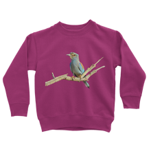 Load image into Gallery viewer, Eurasian Roller Bird on a kids sweatshirt in hot pink
