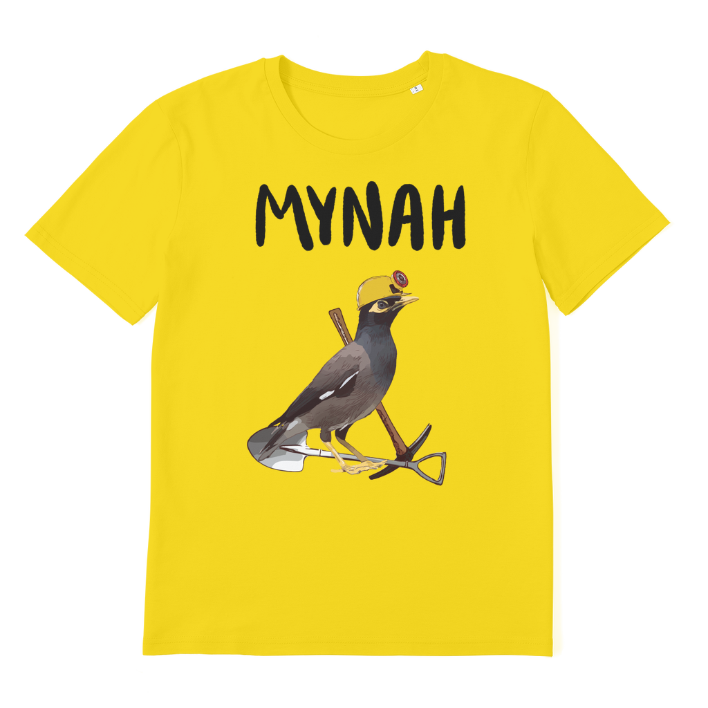 A bird meme shirt in yellow with a mining mynah. 