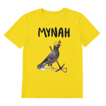 Load image into Gallery viewer, A bird meme shirt in yellow with a mining mynah. 
