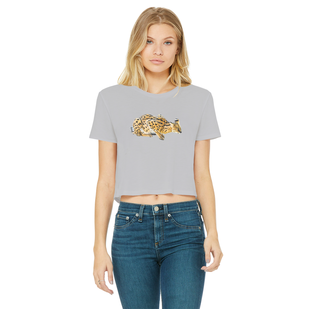 Grey cropped t-shirt for women with a Serval cat