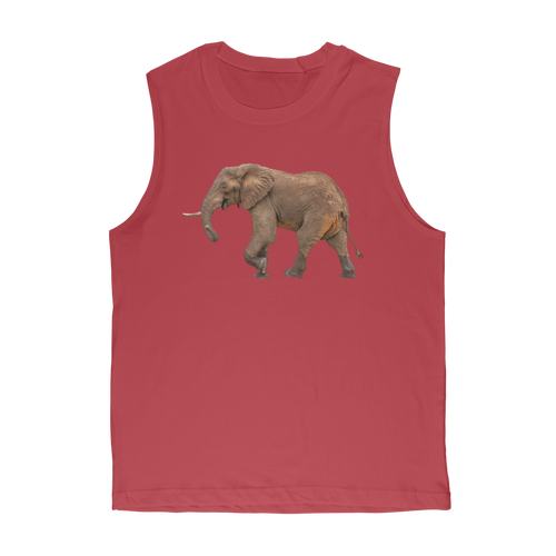 A red muscle top for men with a side profile of an elephant printed on front