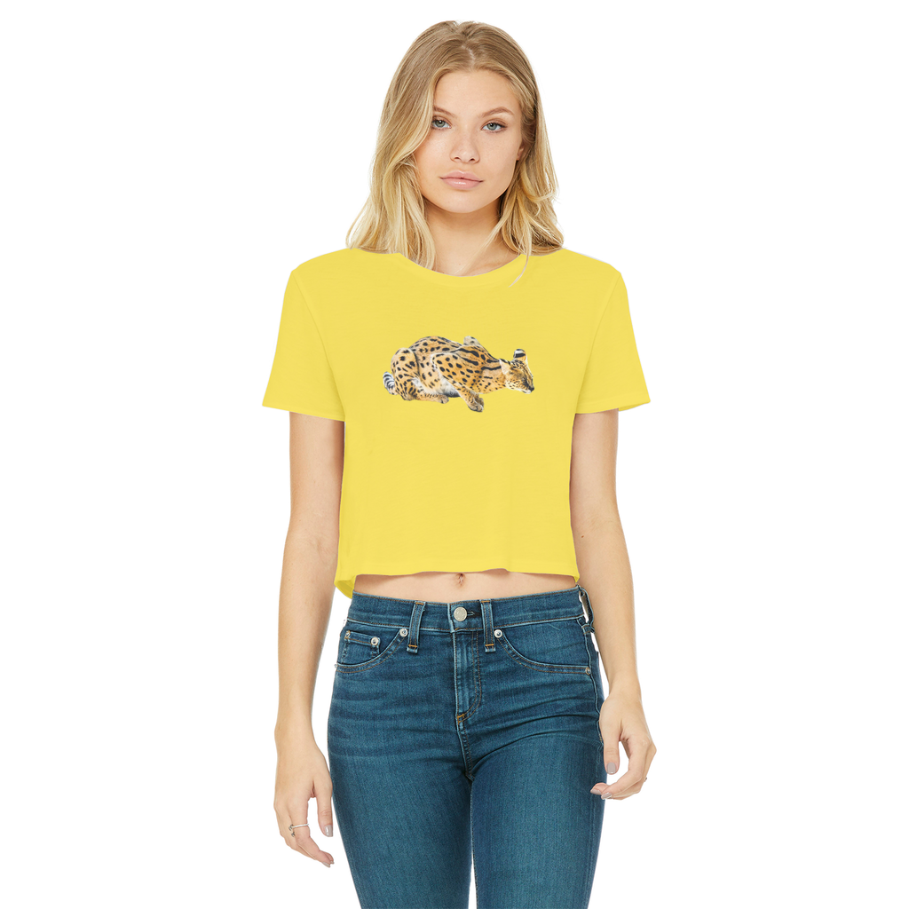 A yellow cropped t-shirt for ladies with a Serval cat