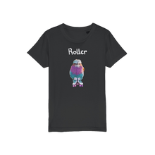 Load image into Gallery viewer, Roller Bird t-shirt. A lilac breasted roller with roller skates on a black t-shirt. 

