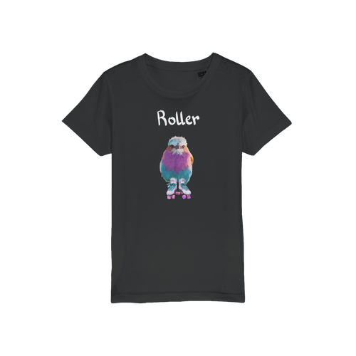 Roller Bird t-shirt. A lilac breasted roller with roller skates on a black t-shirt. 