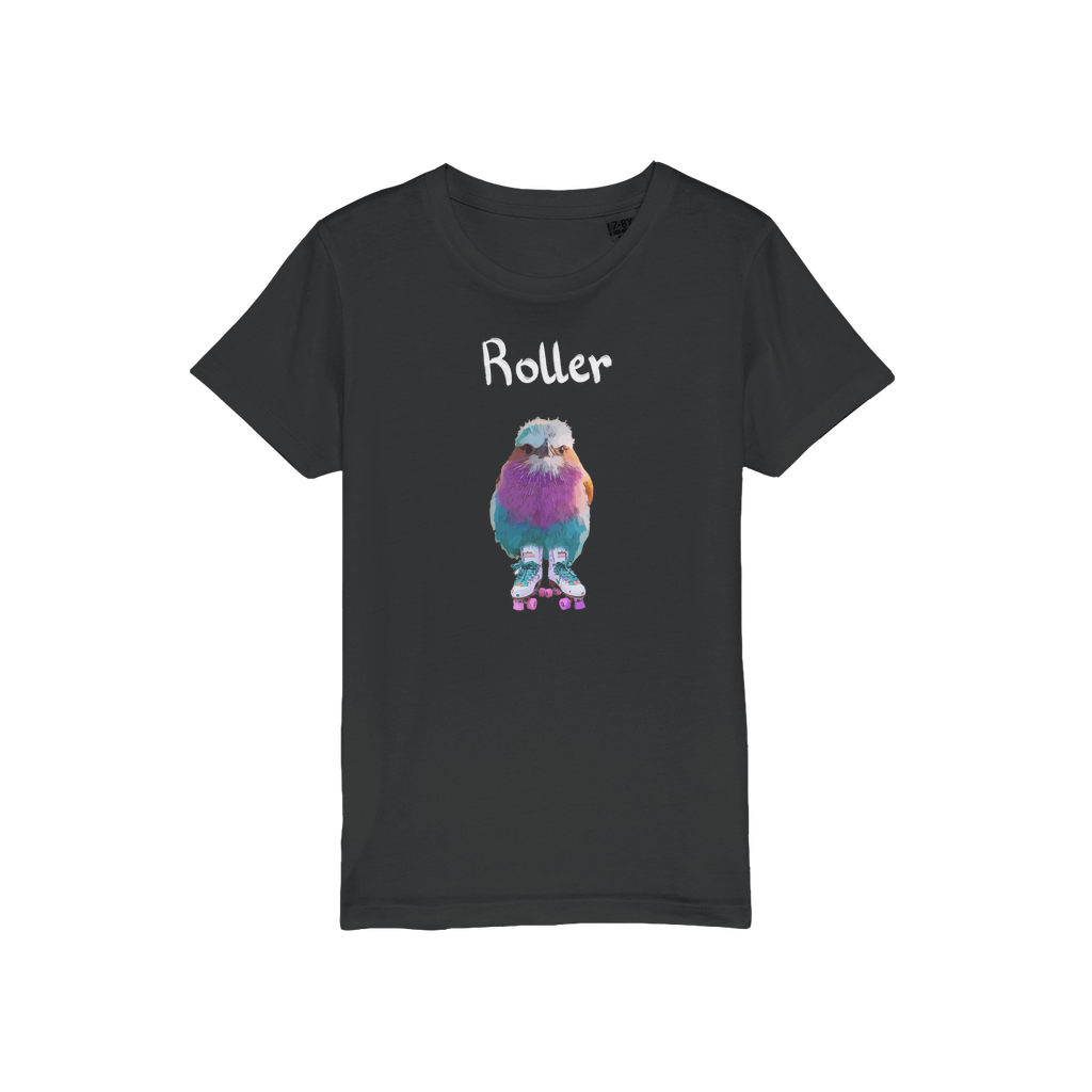Roller Bird t-shirt. A lilac breasted roller with roller skates on a black t-shirt. 