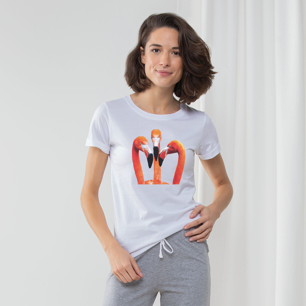 Ladies pyjama set with 3 orange flamingos on the front of a white t-shirt and grey long pants